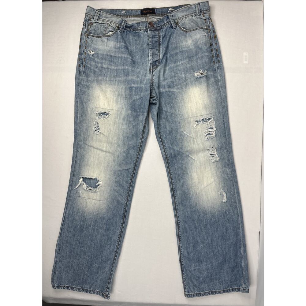 Mek Denim Jeans Mens Size 38x32 Distressed baggyLeg Button Fly Embroidered